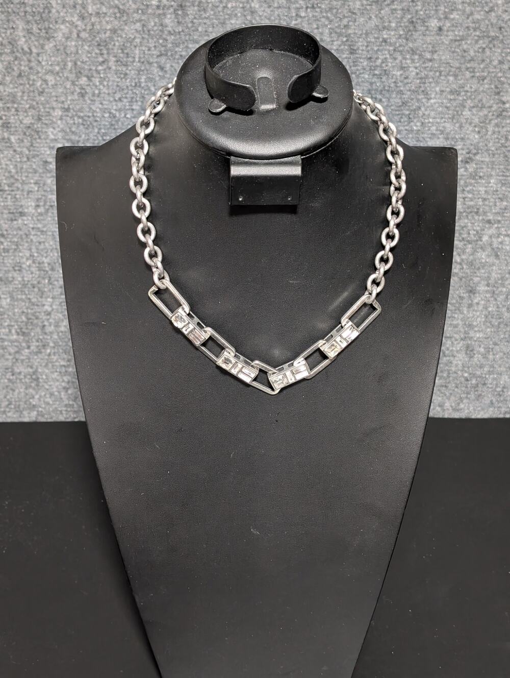 Silver Tone Necklace With Square Bezel Set Crystals Signed Kiam Family